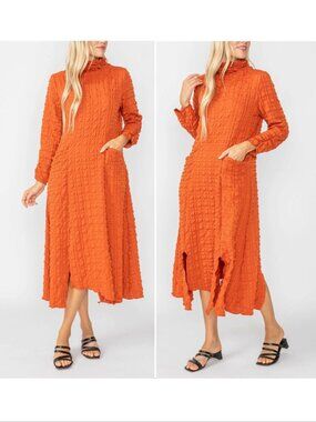 IC Collection Mock Neck Midi Dress Size XS Brick Slits Pockets Lagenlook NEW